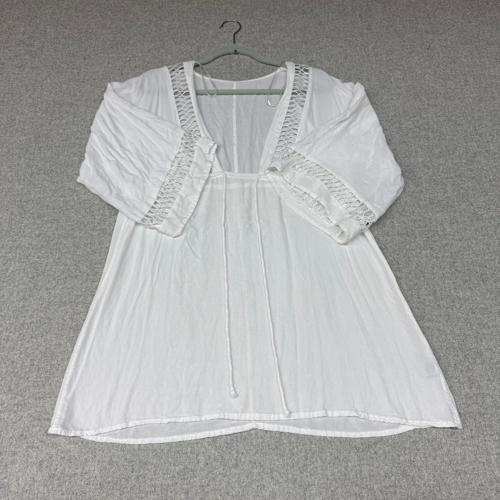 Unbranded | Crochet Lace Trim Tunic Top | OS | White | Boho Bell Sleeve Coverup